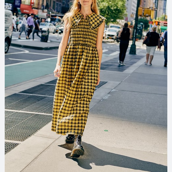 GANNI Collared Plaid Shirred Gingham Seersucker Yellow Maxi Midi Dress 36/ US 6 - Picture 3 of 8
